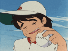 a man wearing a white hat with the letter e on it is holding a baseball