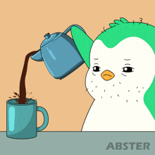 a cartoon of a penguin pouring coffee into a cup with abster written on the bottom