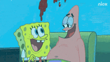 a cartoon of spongebob and patrick sitting on a couch with the nick logo in the corner