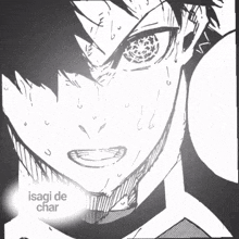 a black and white drawing of a person with the words isagi de char below