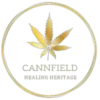 a logo for cannfield healing heritage with a marijuana leaf in the center