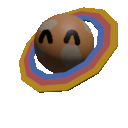 a brown ball with a face on it is surrounded by a rainbow .