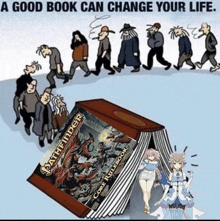 a good book can change your life with a cartoon of people walking
