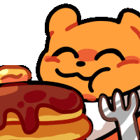a cartoon drawing of a bear holding a fork next to a pancake