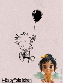 a drawing of calvin and hobbes holding a balloon next to a baby with wings
