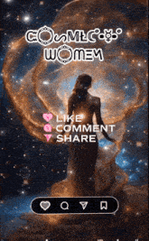a woman in a long dress stands in front of a cosmic background