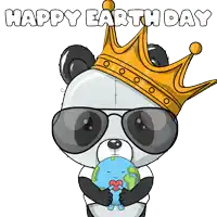 a panda wearing a crown and sunglasses holds a globe