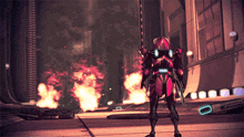 a video game character is standing in front of a large fire