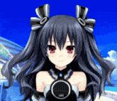a girl with black hair and red eyes is wearing a black and white outfit