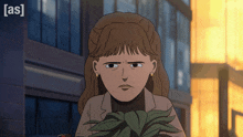 a cartoon of a woman holding a plant with the words [ as ] visible in the corner