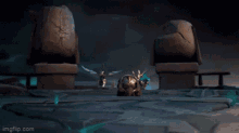 a video game screen shows a knight with a blue cape standing in front of statues