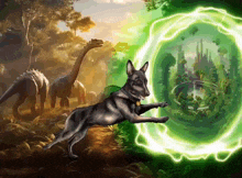 a painting of a dog jumping through a green portal
