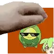a cartoon of a frog wearing sunglasses is being held by a hand .
