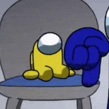 a yellow among us character is sitting on a chair next to a blue character .