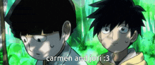 two cartoon characters are standing next to each other with the words carmen and jori : 3 written below them