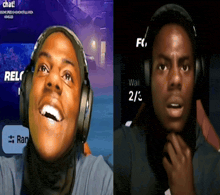 a man wearing headphones is smiling in front of a chat screen