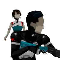 a man and a woman are standing next to each other with the man holding a gun that says ' nintendo '