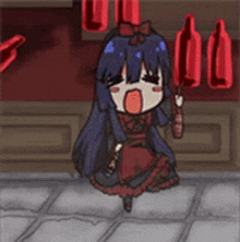 a cartoon girl in a red dress is standing on a tiled floor holding a stick .