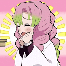 a cartoon girl with pink hair is smiling with a yellow circle around her