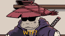 a cartoon character wearing a red hat and sunglasses has the word wtf on the bottom