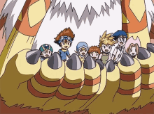 a group of cartoon characters are standing in front of a monster 's feet