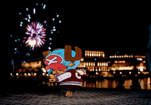 a cartoon character is dancing in front of a ferris wheel at night