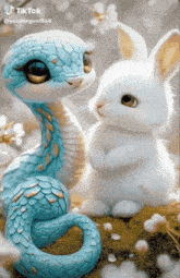 a blue snake and a white rabbit are standing next to each other in a tiktok video