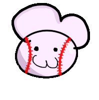 a cartoon drawing of a baseball with a face and red stitching
