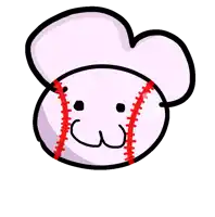 a cartoon drawing of a baseball with a face and red stitching