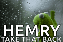 a picture of a kermit the frog with the words hemry take that back below it