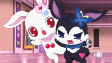 two cartoon characters are standing next to each other and one has a butterfly on its head