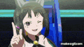 a girl with cat ears is giving a peace sign and smiling .