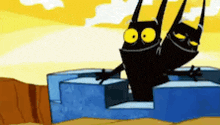 two black cartoon characters with yellow eyes are standing next to each other on top of a blue block .