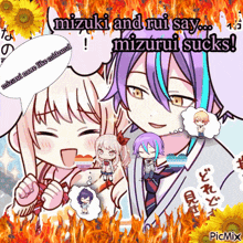 a cartoon of mizuki and rui saying " mizurui sucks "