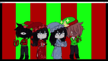 a group of cartoon characters standing next to each other on a red and green background