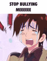a picture of a boy crying with the words " stop bullying meeeee " above him