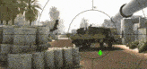 a sniper scope with a green arrow pointing towards a truck