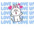 a cartoon rabbit is standing in front of a blue background with the words `` love us '' written on it .