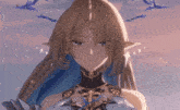 a close up of a girl 's face with birds flying around her