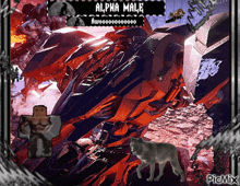 a picture of a robot called alpha male with a wolf in the foreground