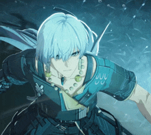 a man with white hair and a blue shirt has a necklace around his neck that says " yy "