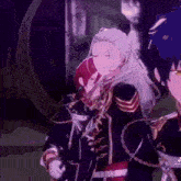a couple of anime characters are standing next to each other .