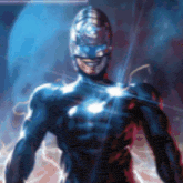a close up of a superhero with a helmet on his head