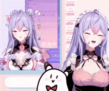 a girl with purple hair is standing next to a small white bear