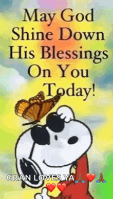 snoopy is wearing sunglasses and holding a butterfly in his hand .