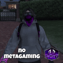 a person wearing headphones and a purple bandana with the words no metagaming in the corner