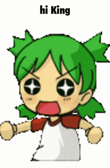 a cartoon character with green hair says hi king on the bottom
