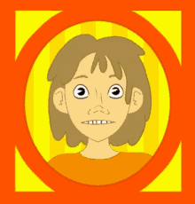 a cartoon drawing of a girl smiling in a yellow and orange circle