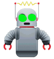 a robot with green eyes and red claws has a crown on its head