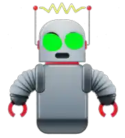 a robot with green eyes and red claws has a crown on its head